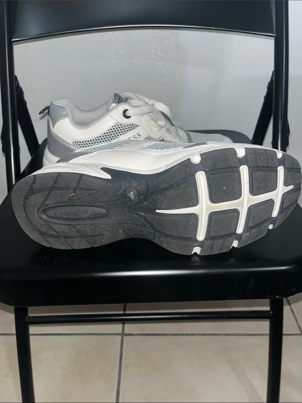 GUESS White and Silver Women's Chunky Lace-Up Sneakers - Picture 5 of 6